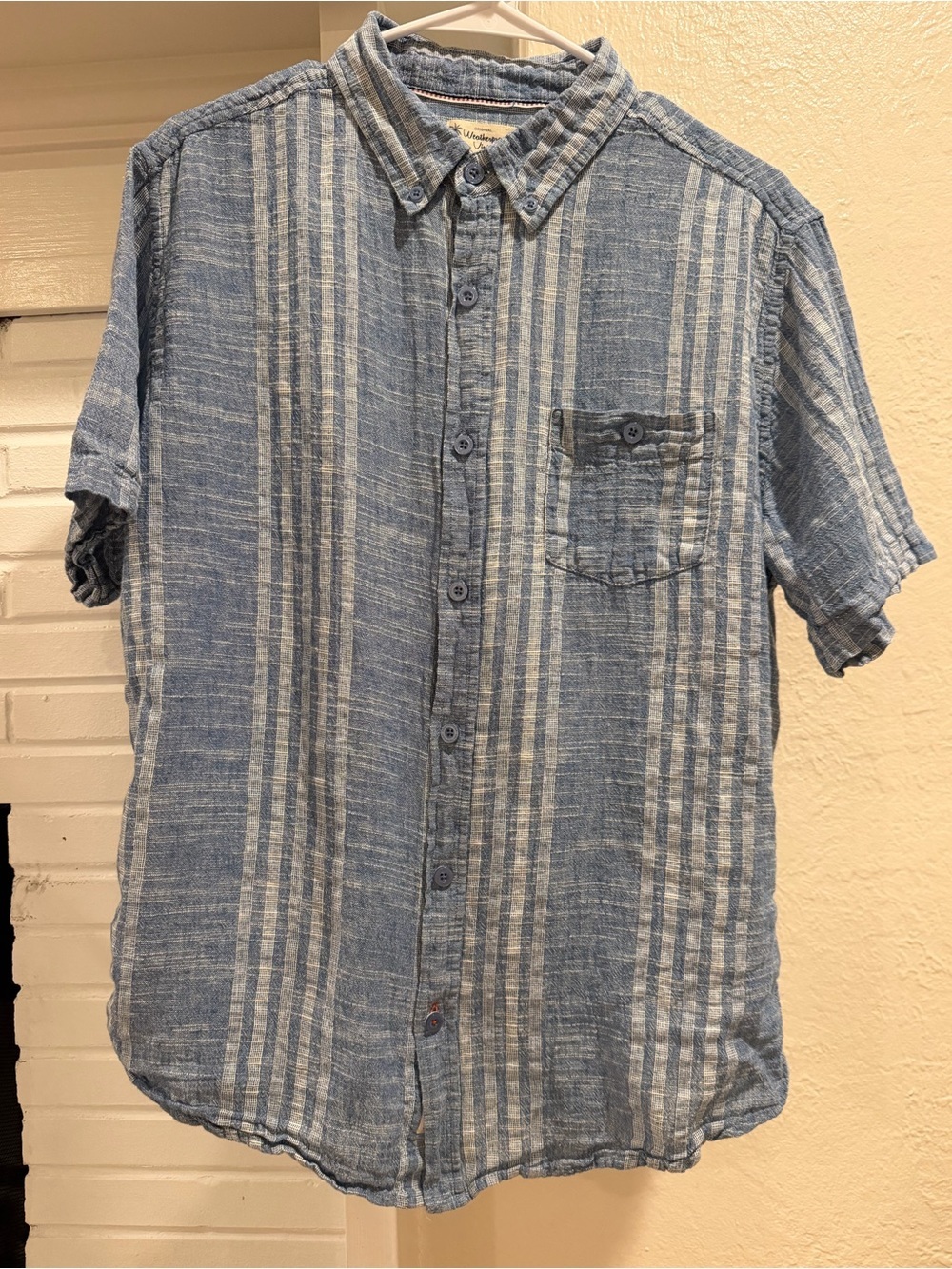 Weatherproof Blue and White Striped Short-Sleeve Button-Down Shirt Cotton Linen